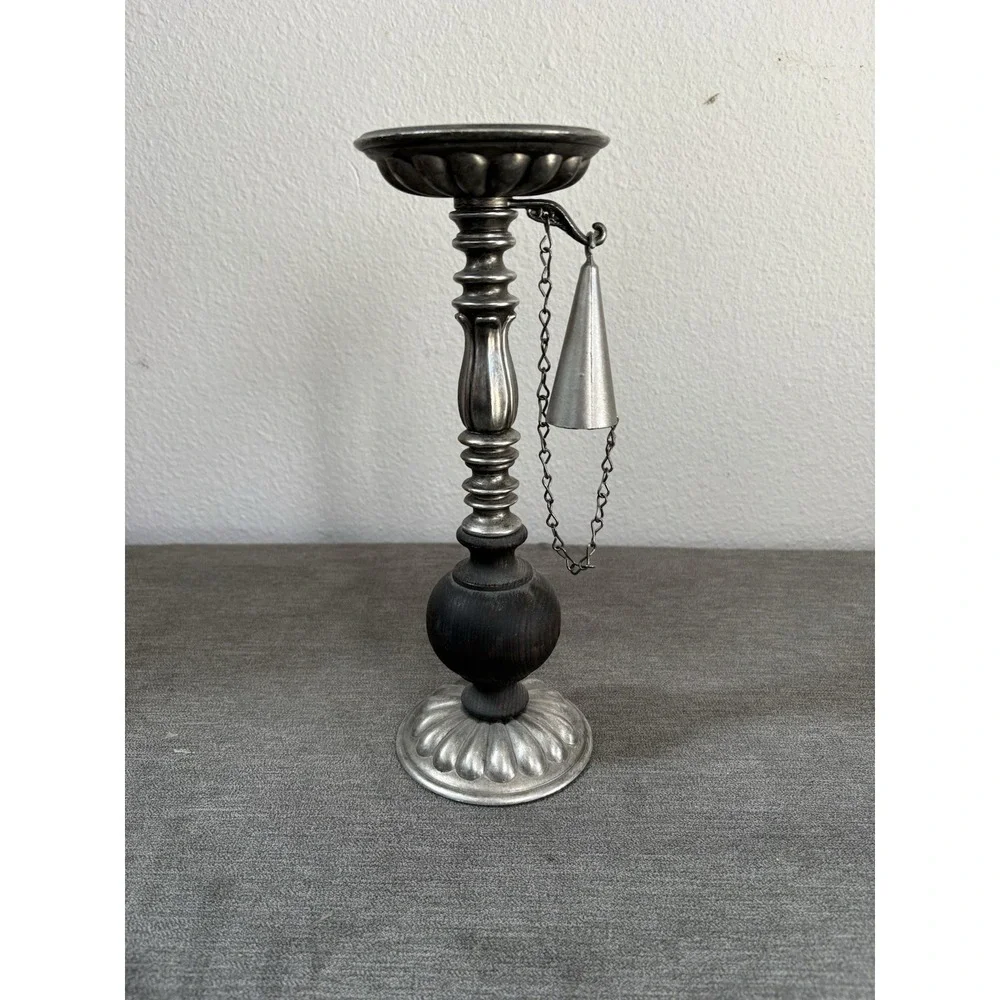 Vintage Unbranded Candle Holder w/ Chained Snuffer Wood & Metal 11.5